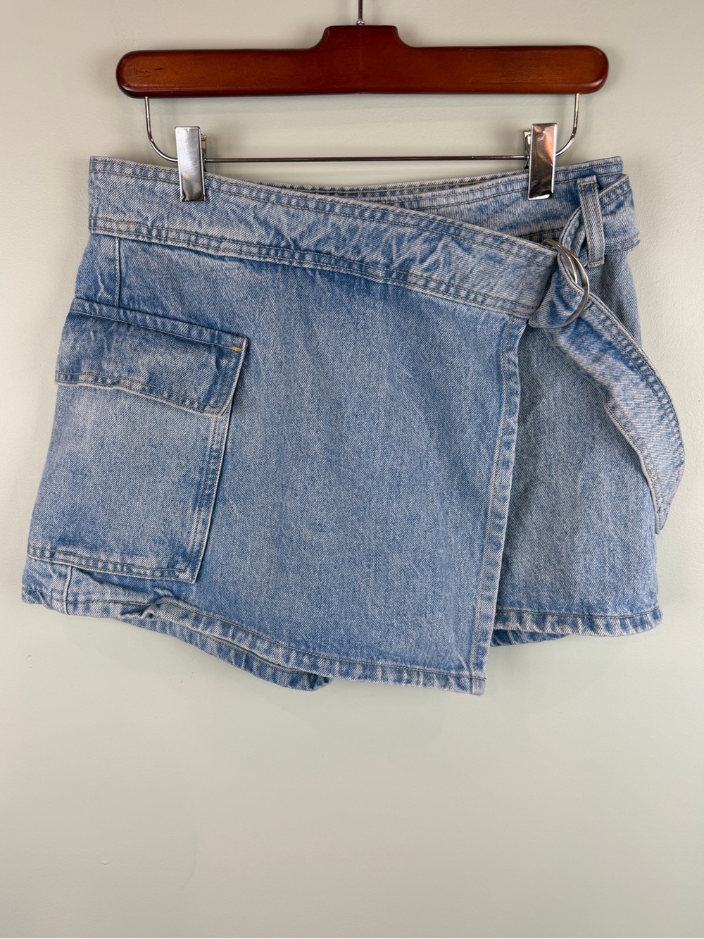 Mango Light Wash Denim Wrap Shorts Skort with Utility Pocket size Small